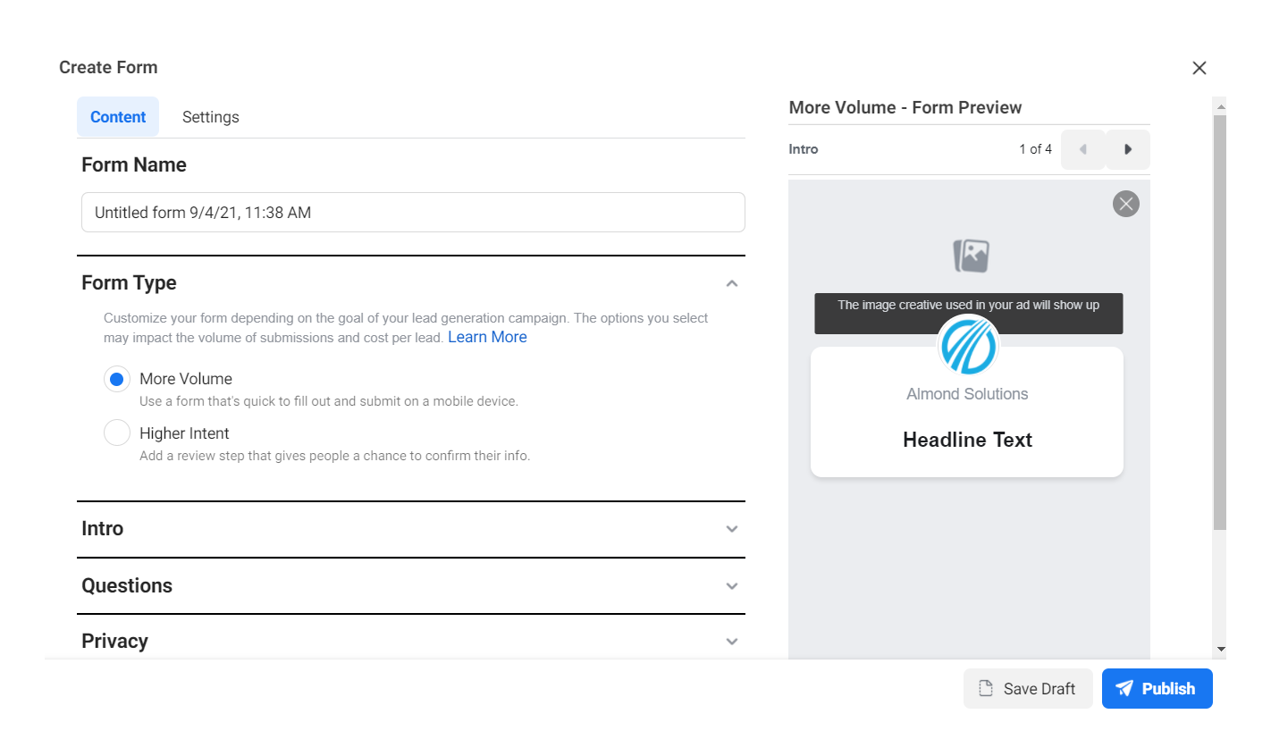 Facebook Lead Ad Form