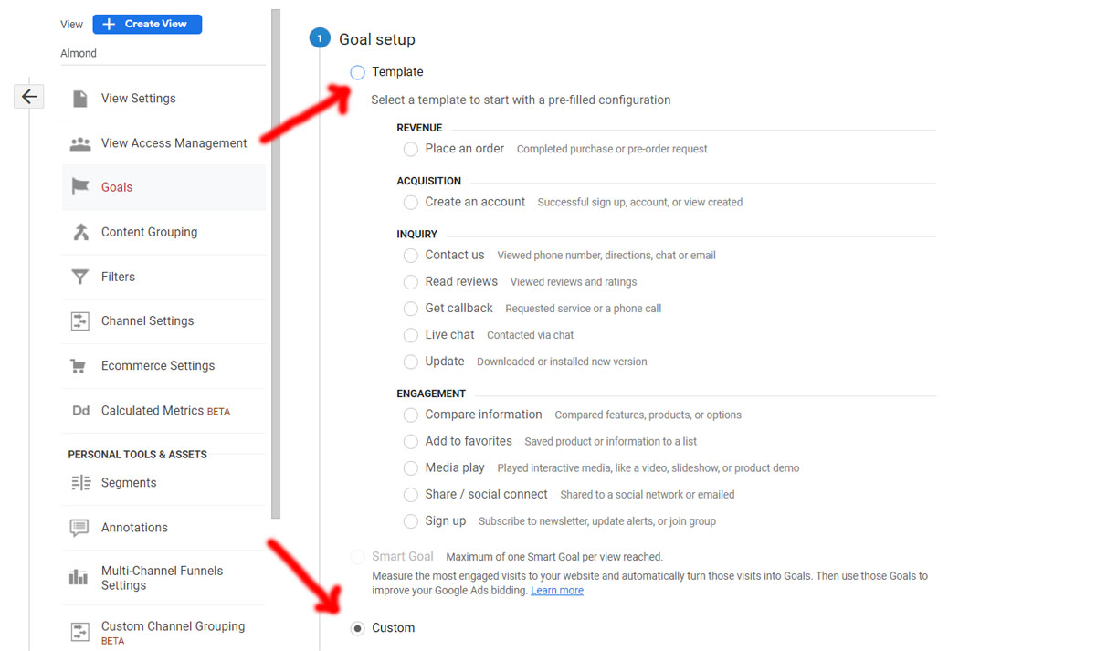 Goal Setep Options in Google Analytics