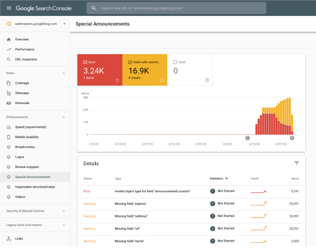 Special Announcements in Google Search Console